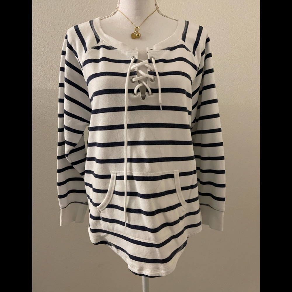 Victoria’s Secret blue and white stripe lace-up v-neck sweatshirt tunic top